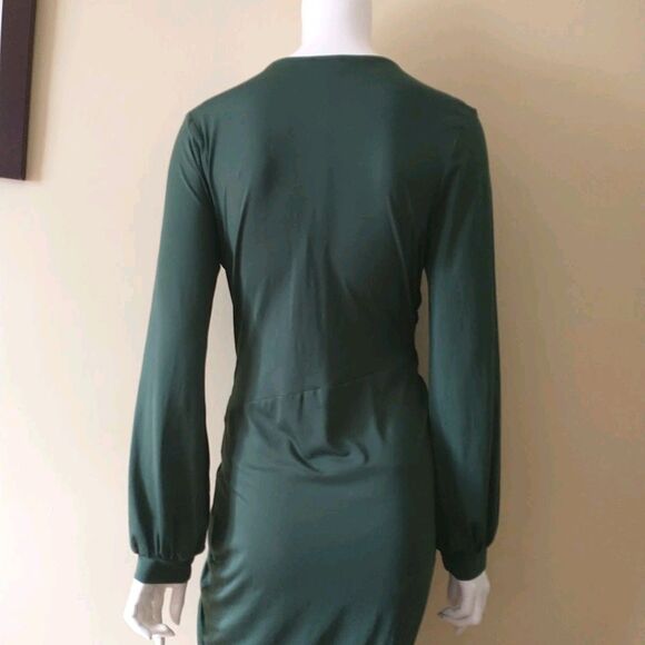 BalticBorn Solana Ruched Dress L Green Faux Wrap Puff Sleeve Babydoll Draped - Picture 6 of 9